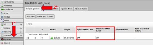 Regla Mikrotik Kid Control creada en Queues.