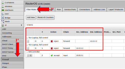 Regla Mikrotik Kid Control creada en Firewall.