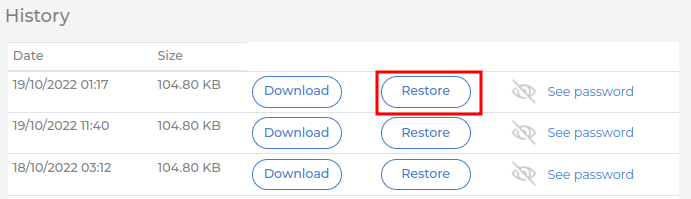 Opção de Restore após configurar backup no Mikrotik.