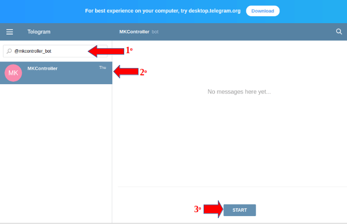 Start no bot da MKController após configurar alertas do Mikrotik para o Telegram