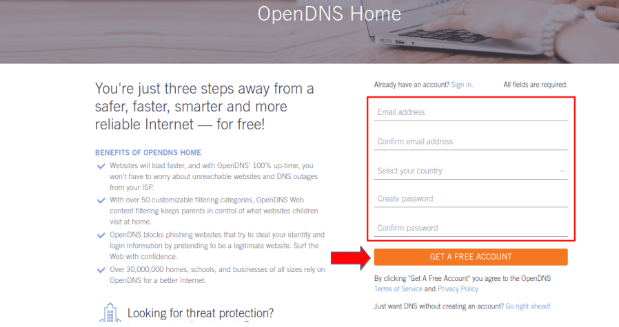 Información para crear cuenta OpenDNS para bloquear sitios web