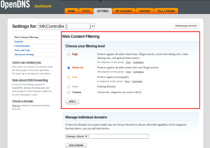 Filter by level in Add new network on Option Customer OpenDns Parental Controls page.