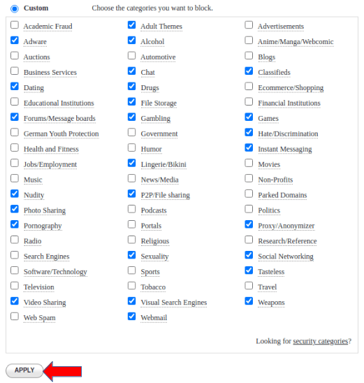 Select categories to filter in Filter by level in Add new network on Option Customer OpenDns Parental Controls.