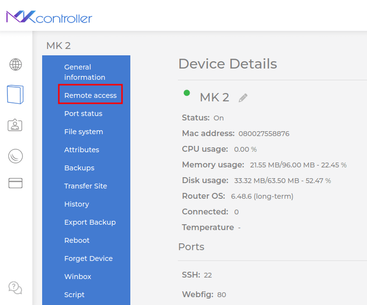 Option to access a Mikrotik RB remotely.