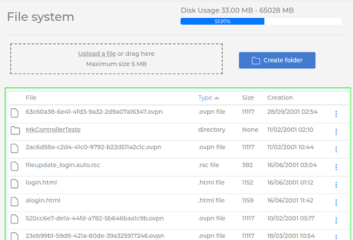 Example of files in the root "/" of the Mikrotik shown by the platform.