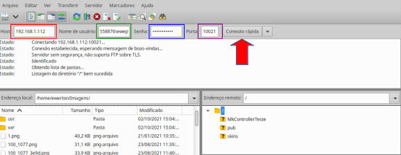 Connecting to Mikrotik via FPT with FileZilla software to transfer files via FTP.