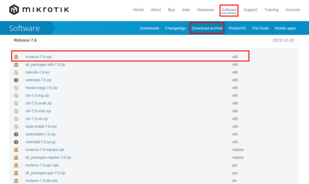 Download do arquivo .npk para o downgrade mikrotik