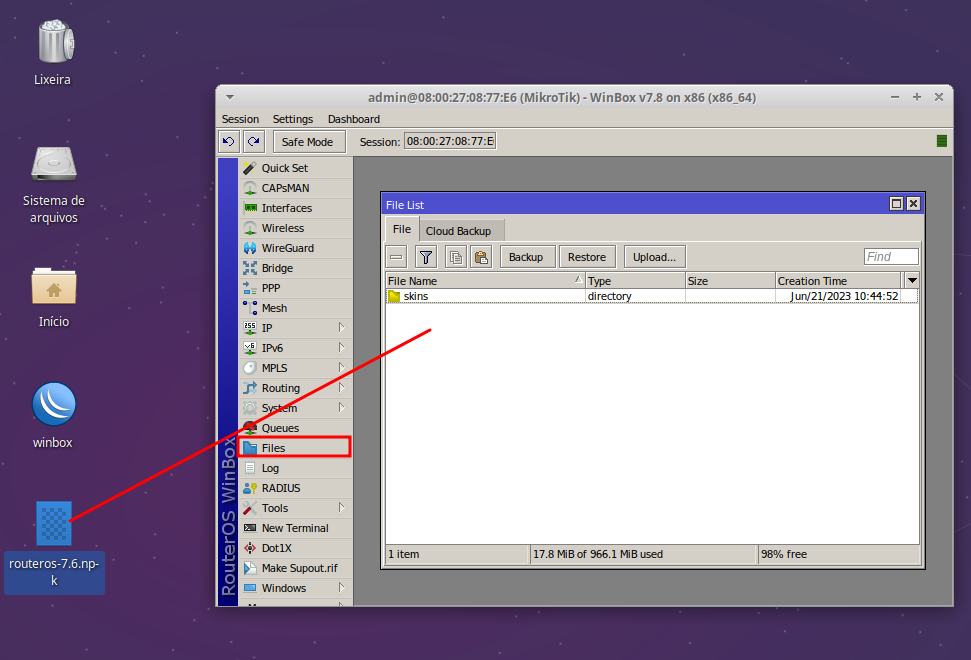 Adicionando o arquivo .npk em File Lista para downgrade mikrotik.