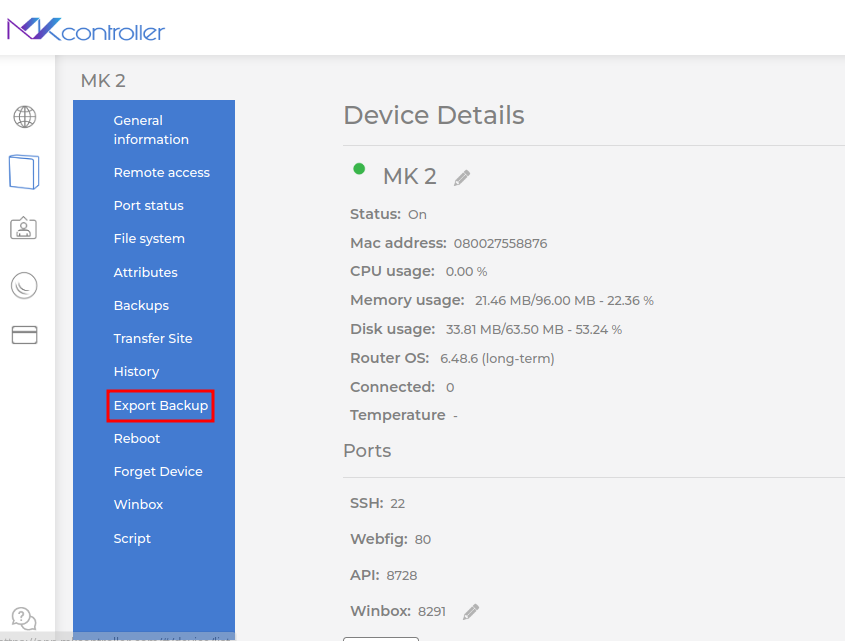 Export Backup option for Mikrotik Configuration Backup.