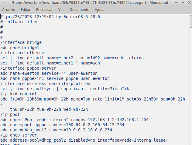 Arquivo do Backup das configurações do Mikrotik.