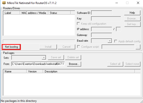 Opção Net booting do Netinstall Mikrotik.