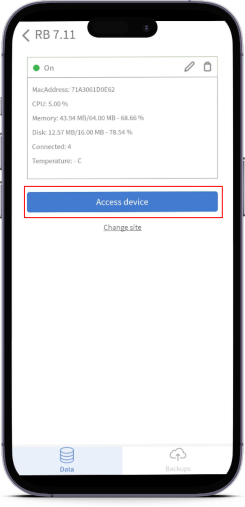 Botón Dispositivo de acceso para Winbox en la app MKController.