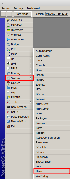 Opción User en Winbox para Seguridad Mikrotik.