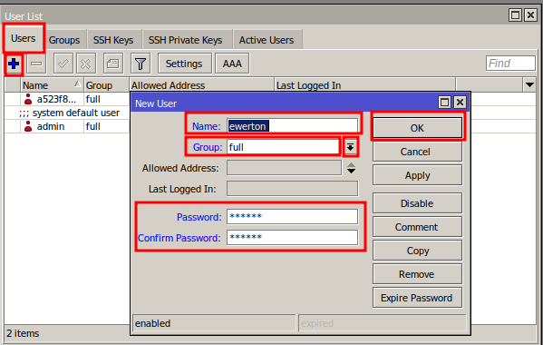 Creating new user with full permission for Mikrotik Security.