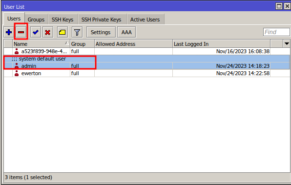 Eliminar usuario admin predeterminado para Seguridad Mikrotik.