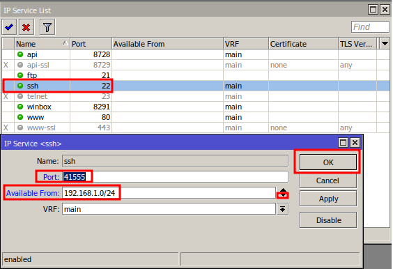 Changing port numbering and adding IP for access by Mikrotik Security.