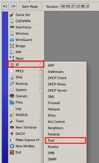 IP > Pool para criar servidor PPPoE no Mikrotik.