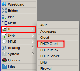 Menú IP > DHCP Client para configurar DHCP Client Mikrotik.