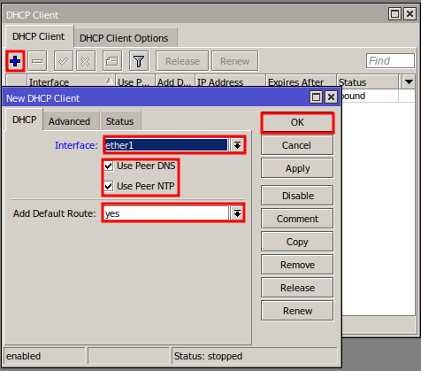 Selecionar as opções para configurar DHCP Client Mikrotik.