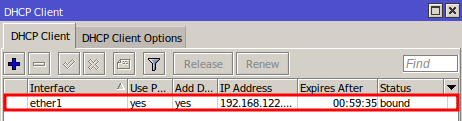 Compruebe la configuración de activar DHCP cliente Mikrotik.