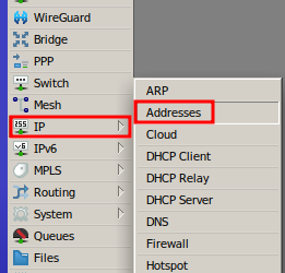 Acesse IP > Addresses para configurar DHCP Server no Mikrotik.