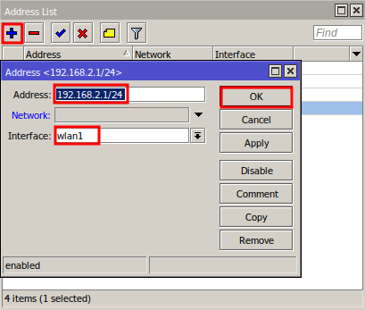 Informing IP to the Mikrotik interface to configure DHCP Server in Mikrotik.
