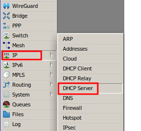 DHCP Server para configurar el servidor DHCP en Mikrotik.