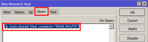 Command to disable the default route when the link drops in Mikrotik Failover.