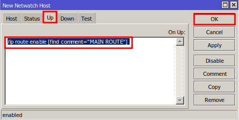 Command to activate the default route after link normalization for Mikrotik Failover.
