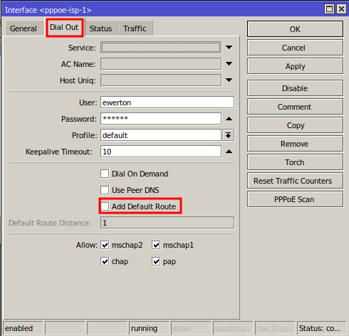 Disable the default route on the PPPoE link to configure Mikrotik Failover.
