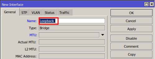 Creando un puente con el nombre de Loopback para usar en Loopback IP en Mikrotik.