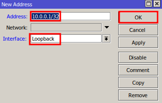 Enter IP and Interface for Loopback IP on Mikrotik.