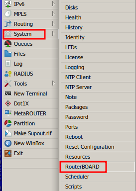 Sistema > RouterBOARD para Atualizar  firmware MikroTik.