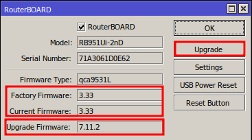 Click on the upgrade button to update firmware Mikrotik.