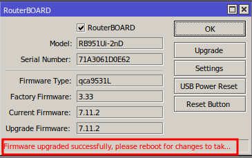 Mensaje de éxito al actualizar firmware Mikrotik.