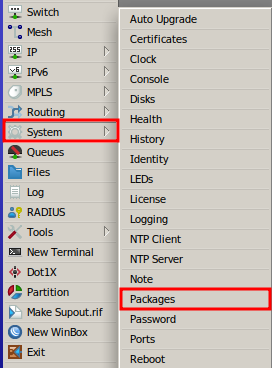 Accediendo a la opción Packages para Actualizar de RouterOS Mikrotik.