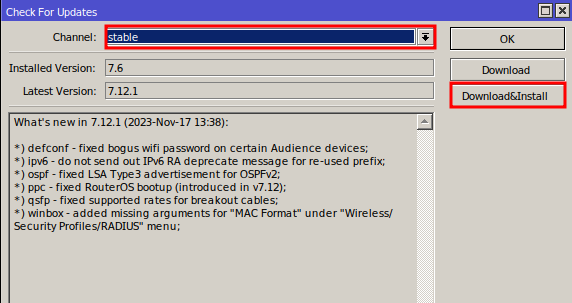 Actualizar Mikrotik RouterOS con Download&Install.