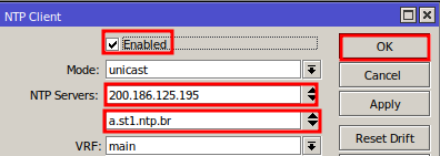 Especifique los detalles del servidor NTP en la configuración NTP MikroTik.