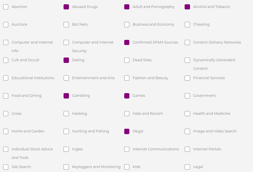 MKController DNS Content Filter Categories.