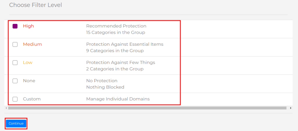 Eligiendo la categoría de bloqueo en el filtro de contenido DNS de MKController.