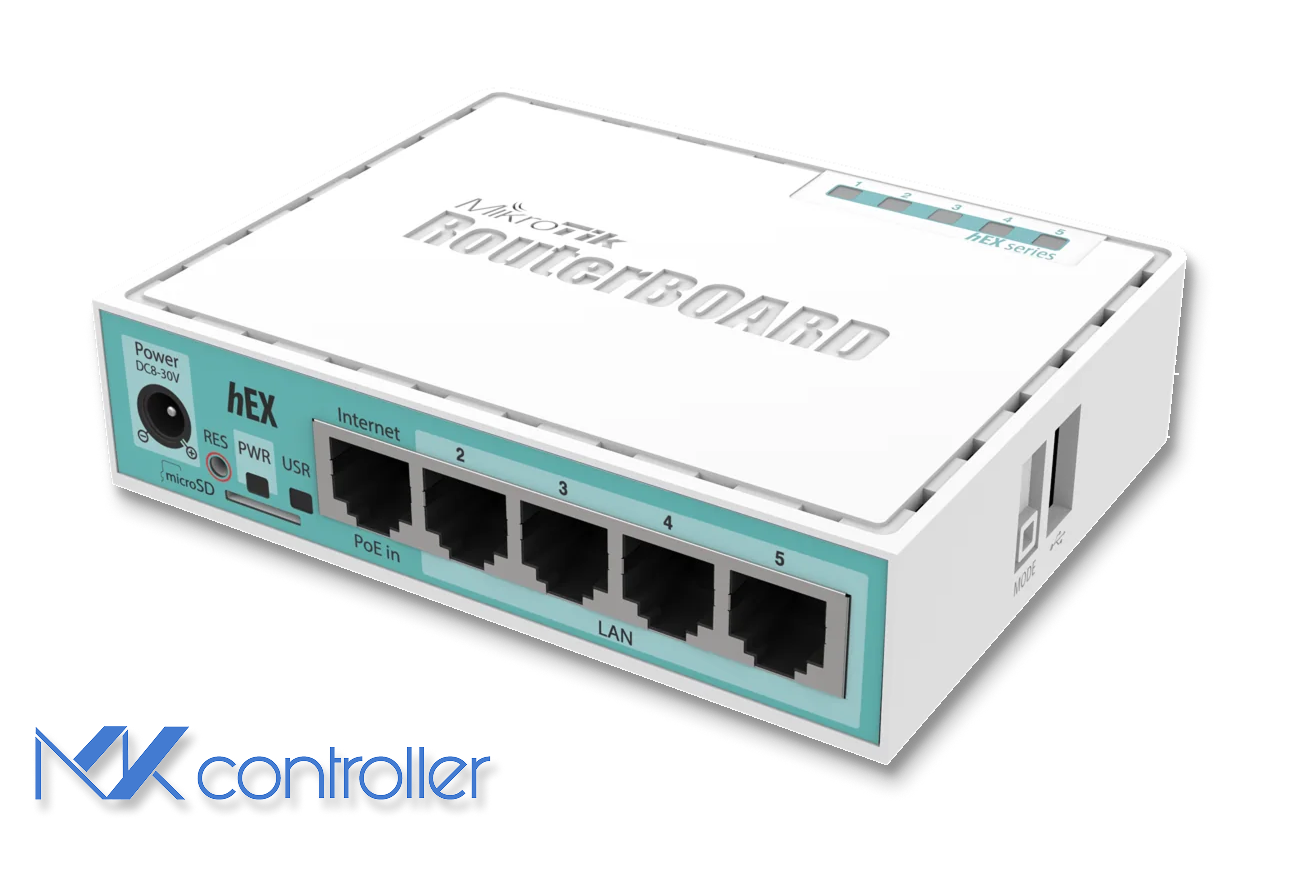 Topology with MikroTik hEX routers managed centrally by MKController cloud