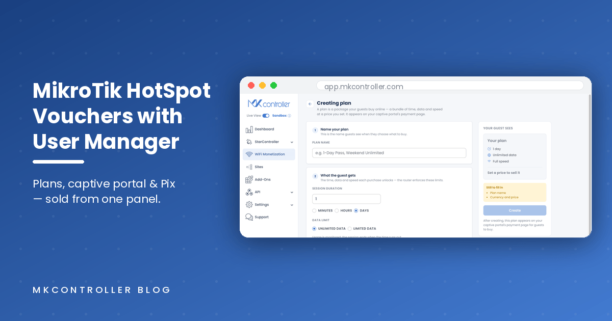 MikroTik HotSpot voucher setup workflow: run the HotSpot wizard on the guest interface, enable User Manager as RADIUS, create plans with limitations and profiles, batch-generate printable vouchers, lock down the guest network, then manage every location centrally.