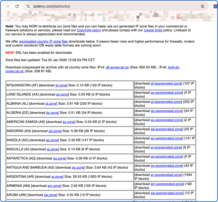 access https://www.ipdeny.com/ipblocks/ to full list