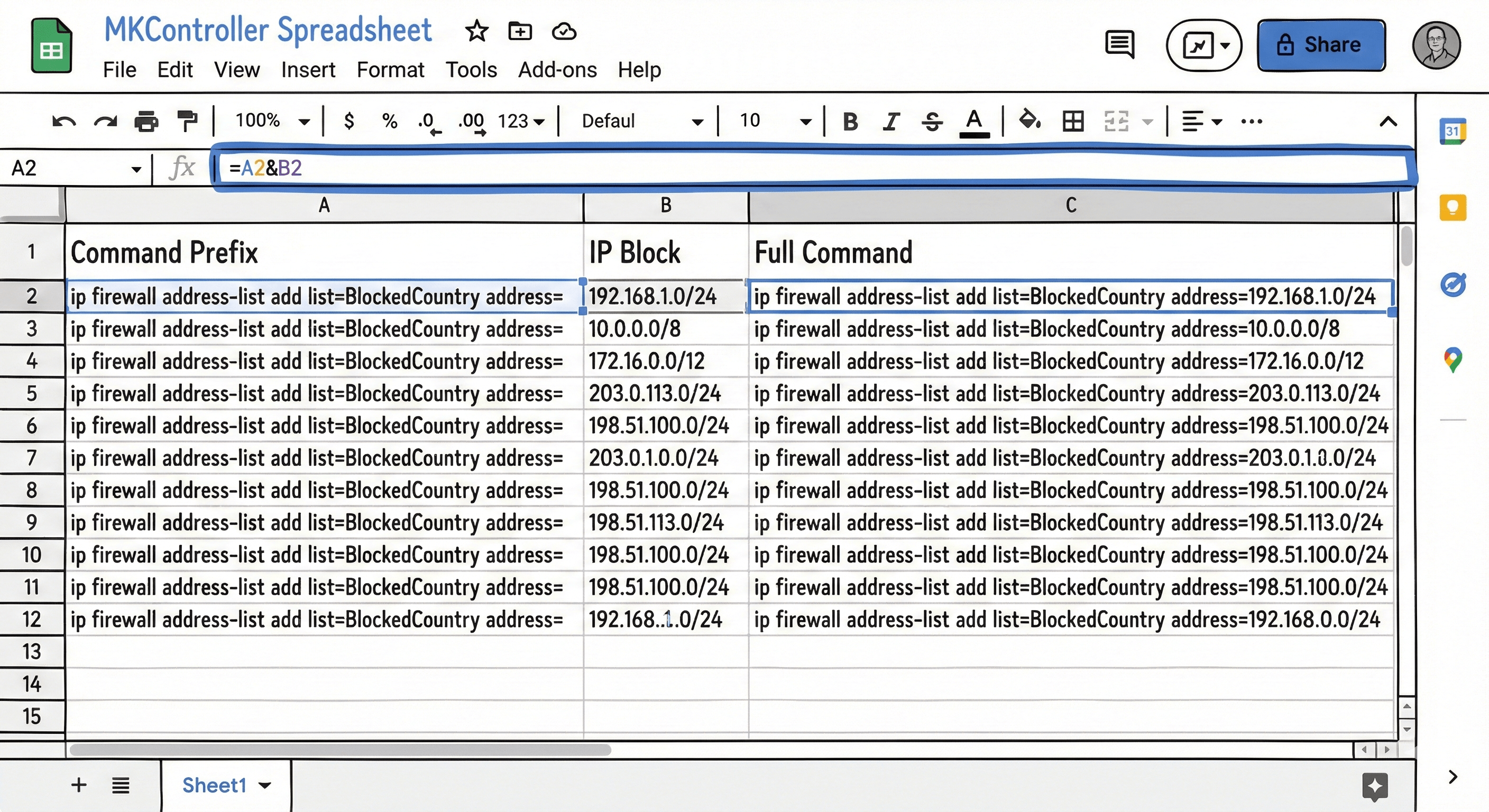Spreadsheet formatting IP addresses into MikroTik CLI commands.