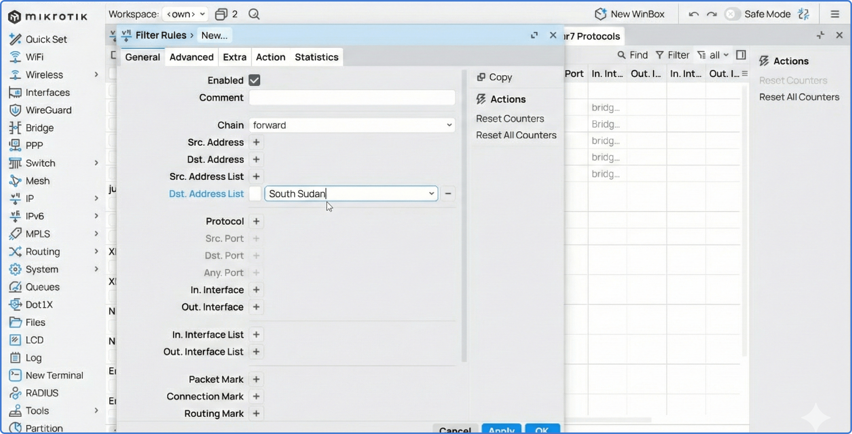 Configuration of a firewall drop rule in MikroTik Winbox.