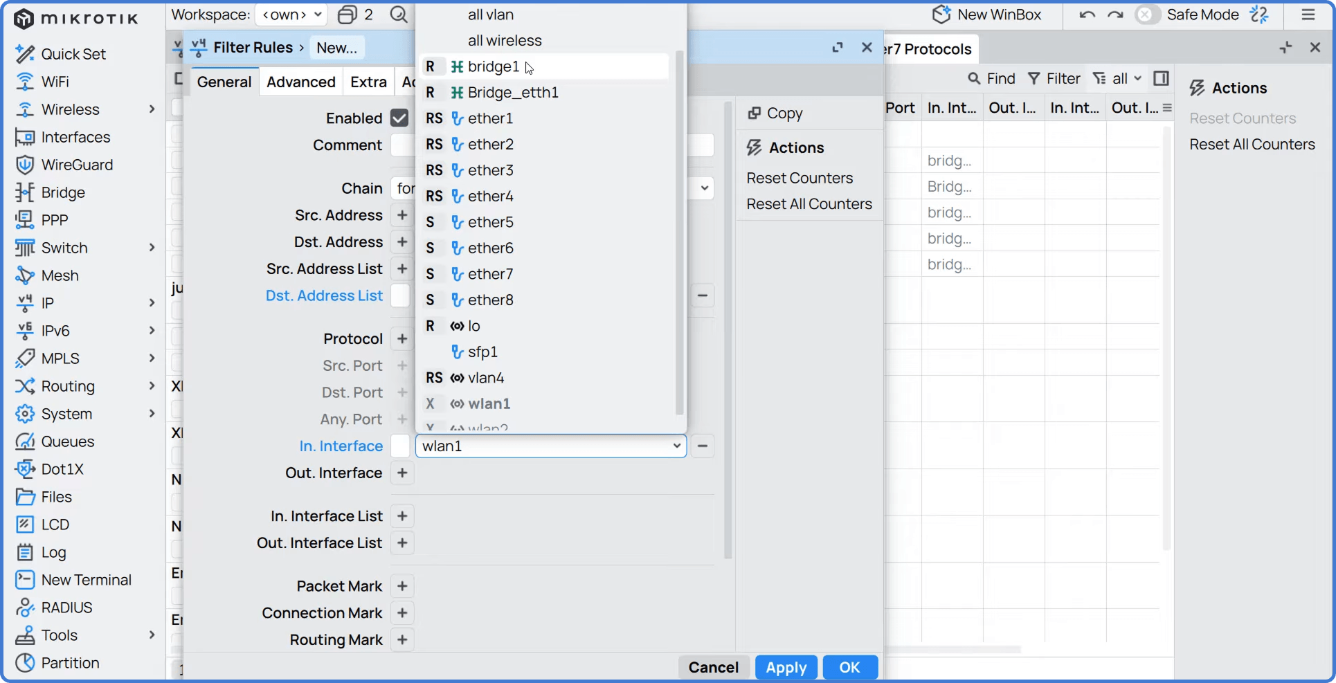 Configuration of a firewall drop rule in MikroTik Winbox.