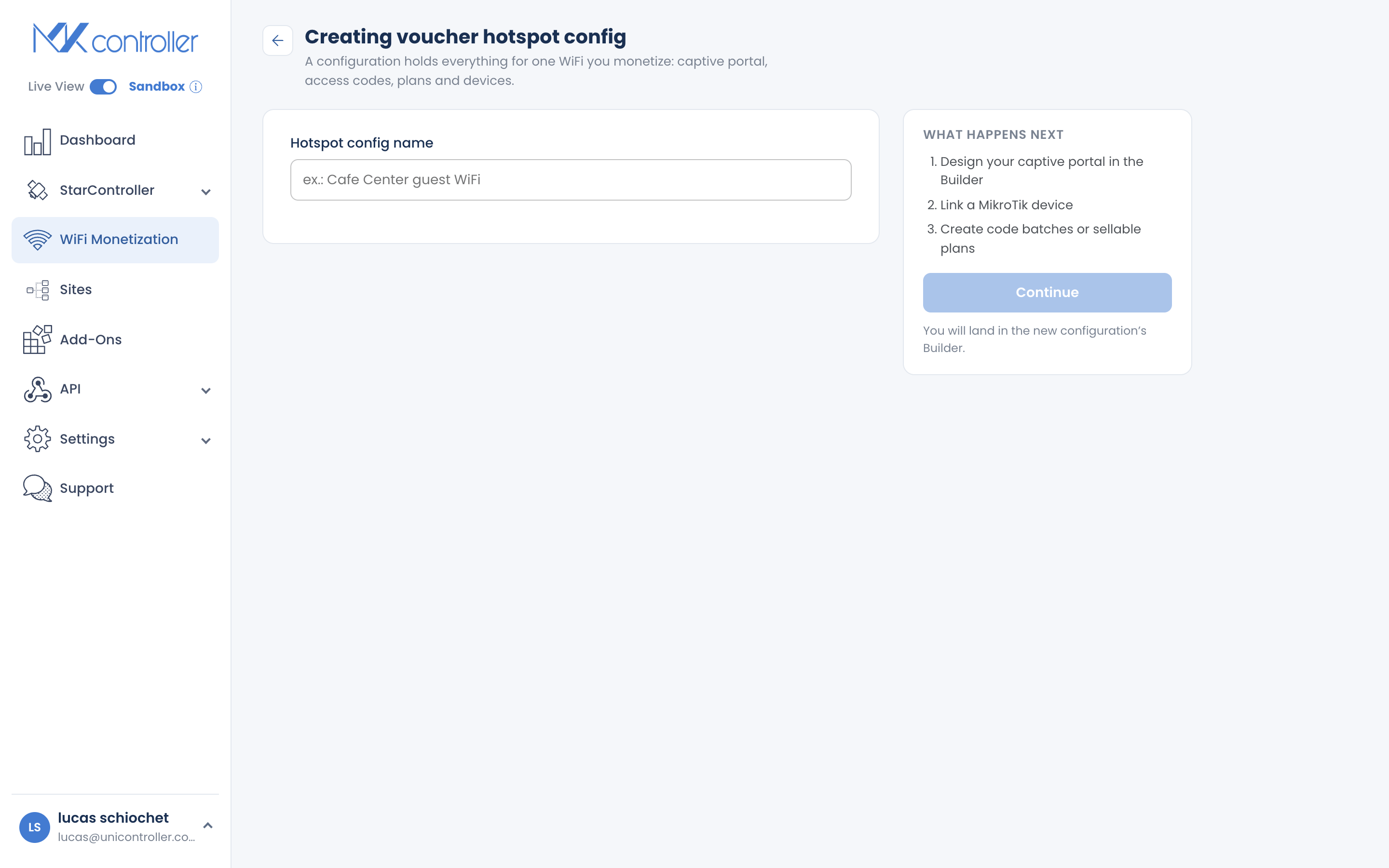 Creating a voucher hotspot configuration in the MKController WiFi Monetization panel.