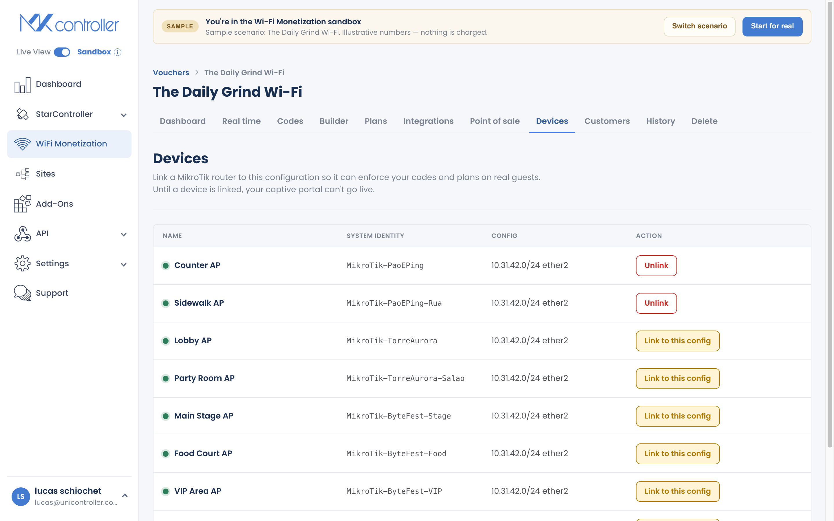 The MKController deploy wizard linking a MikroTik device to a WiFi Monetization config.
