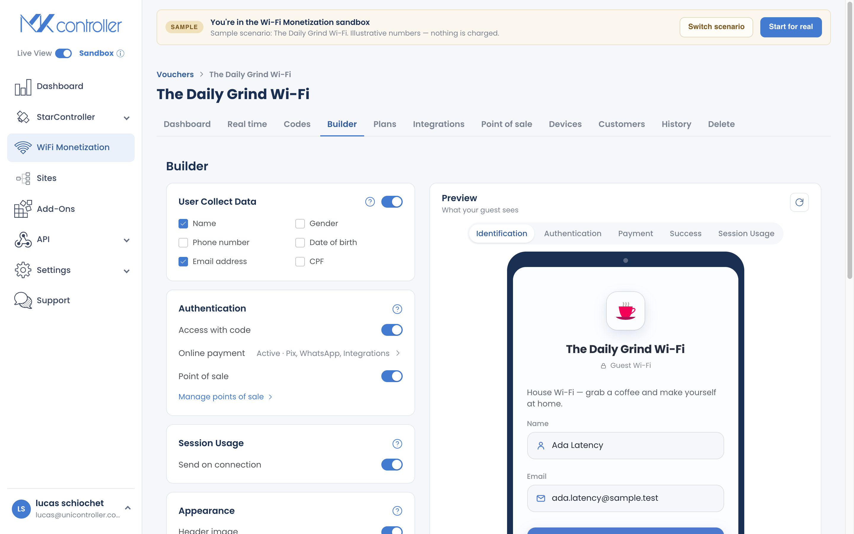 The MKController captive portal Builder with a live preview of the voucher login page.