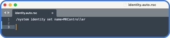 Text editor showing a RouterOS command to change system identity